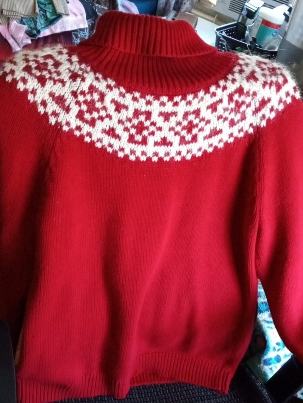 Talbots Red Turtleneck Sweater with White Fair Isle Yoke XL